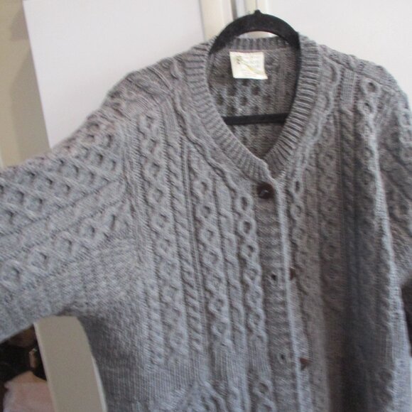 Women's Irish Kilronan Cable Knit gray Wool Cardigan 3/4 Sleeves Warm XXL - Picture 2 of 3